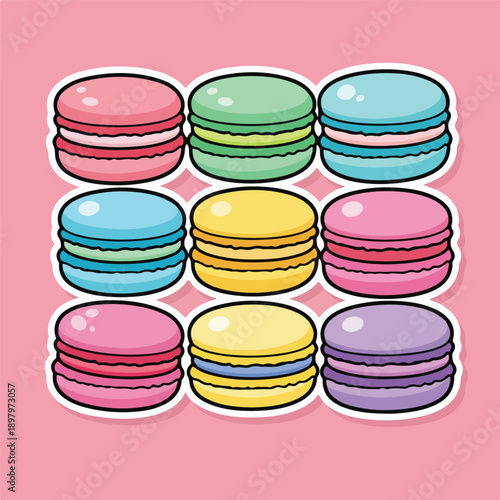 Colorful cartoon macarons arranged in three rows