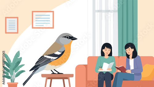 Two women reading and writing indoors with a bird on a small table nearby