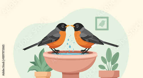 Two robins sharing a bird bath with water droplets and potted plants