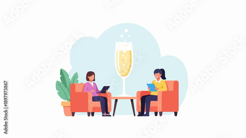 Two women seated on armchairs, talking, with a champagne glass