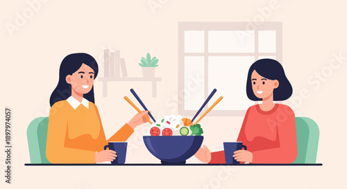 Two women share a healthy meal with chopsticks in a bright room