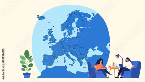 Two women relax at home with a large globe of Europe in the background