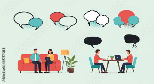 Two scenes depict people communicating and working together, with speech bubbles