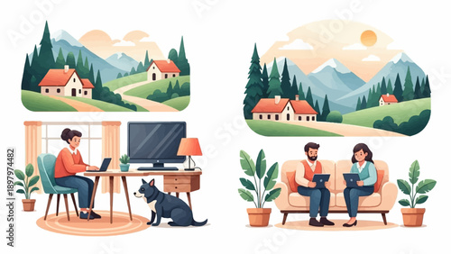 Two scenes depict remote work in idyllic rural settings with people and animals
