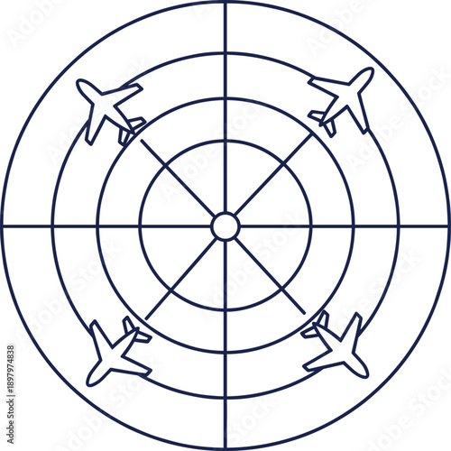 Air Traffic Control Radar Screen with Airplanes Circular Target Vector Illustration