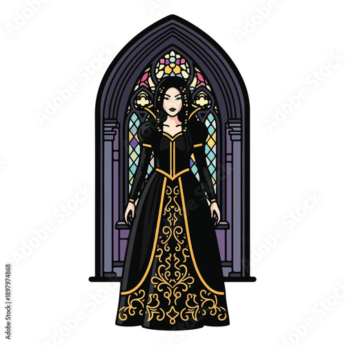 Elegant woman in black gown with gold details