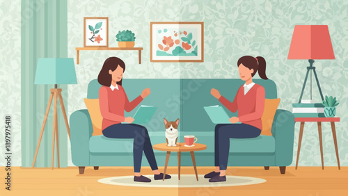 Two women and a dog conversing in a cozy living room setting