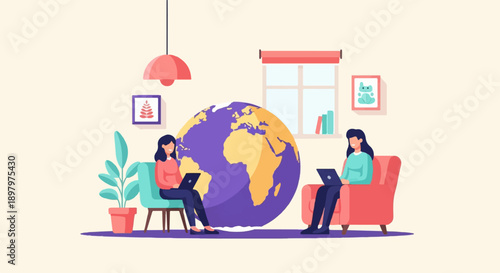 Two women work on laptops in a room with a large globe