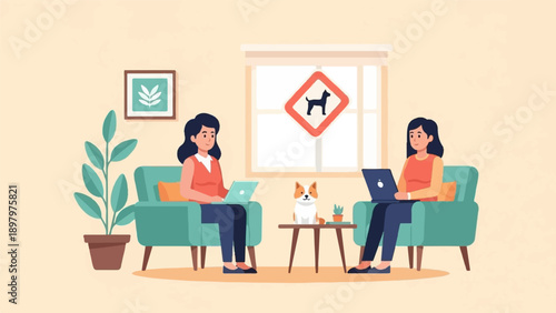 Two women sit in comfortable chairs, each with a laptop, while a dog watches