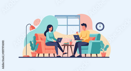 Two people working on laptops while relaxing on sofas in a cozy room