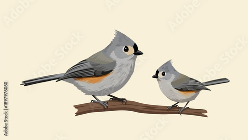 Two small grey birds with crests perched on a brown branch against a pale background