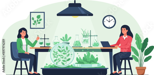 Two women are engaged in scientific research with plants and lab equipment