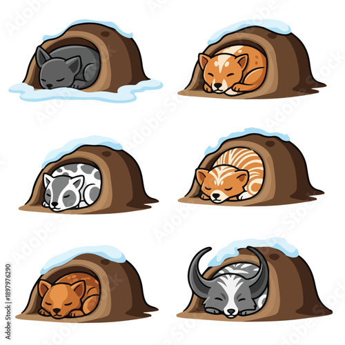 Six cartoon animals sleep in snowy dens