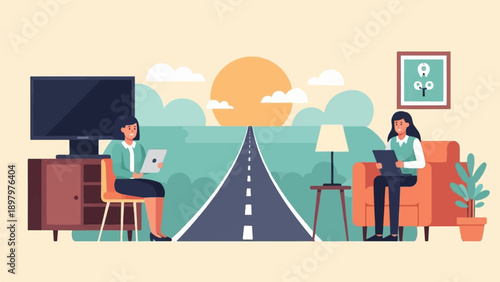 Two women in different settings are connected by a road to the sun