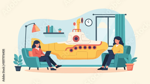 Two women work on laptops in cozy armchairs beside a yellow submarine