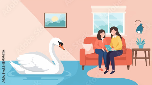 Two women sit on a couch looking at a tablet, with a swan in water nearby