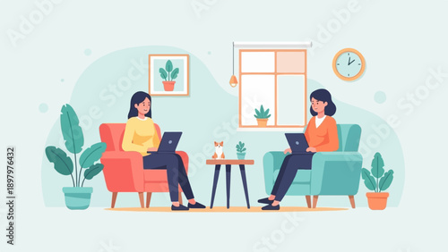 Two women relax in chairs, using laptops with a dog nearby