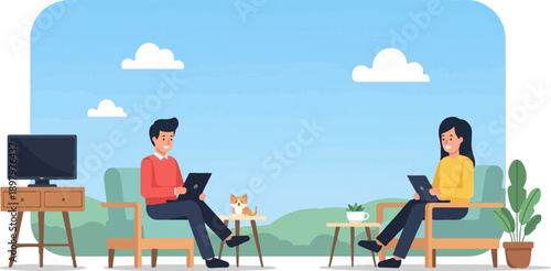 Two people working on laptops with a cat and plants in a relaxing outdoor setting
