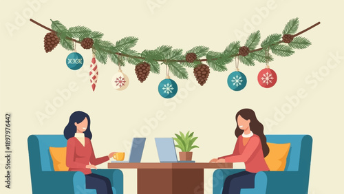 Two women work on laptops in cozy armchairs under holiday garland