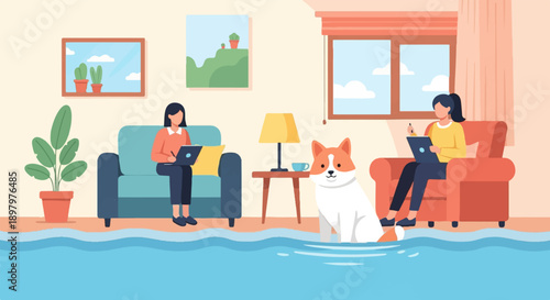 Two people working on laptops with a dog amidst a flood indoors