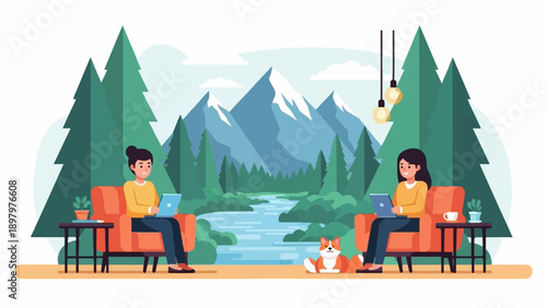 Two women work on laptops in cozy chairs with a dog, surrounded by nature