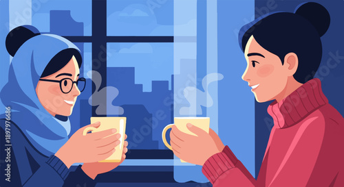 Two women in warm sweaters enjoy hot drinks near a window with city view