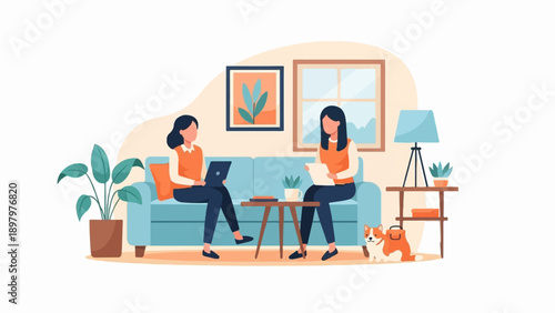 Two women and a dog relax in a cozy living room with plants and art