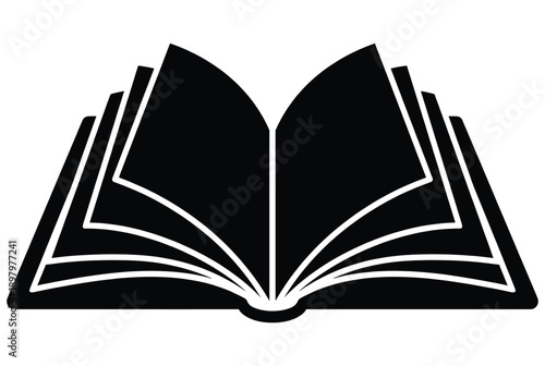 Open book silhouette icon symbol of knowledge education reading and learning with flipping pages isolated on white background for academic and library designs