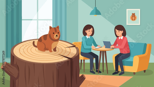 Two women work on laptops near a tree stump with a cat
