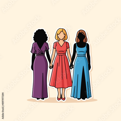 Three women in colorful dresses holding hands