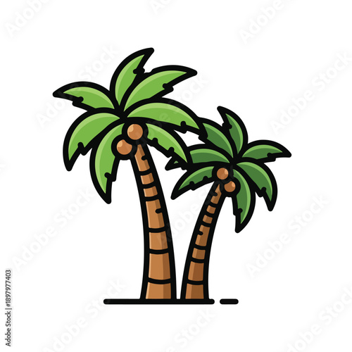 Two brown palm trees with green leaves