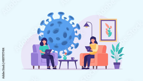 Two women sit on couches, tablets in hand, a large virus looming