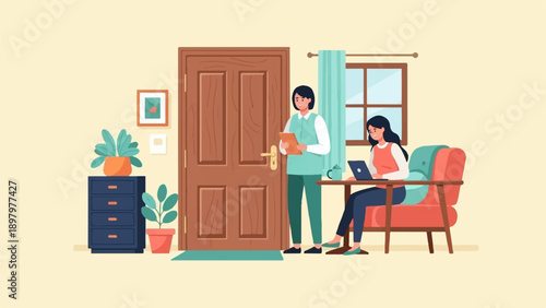 Two women interacting indoors, one at a door with clipboard, other working on laptop