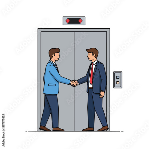 Two businessmen shaking hands in front of an elevator
