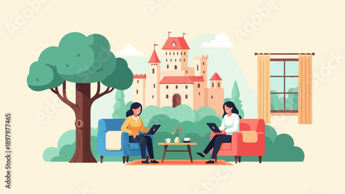 Two women work on laptops on comfortable chairs in a serene landscape