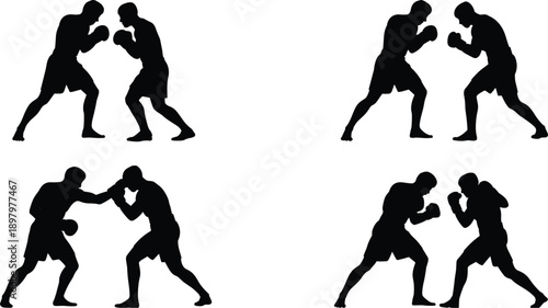 Four silhouette illustrations of boxers in a fighting stance on a white background boxing sport