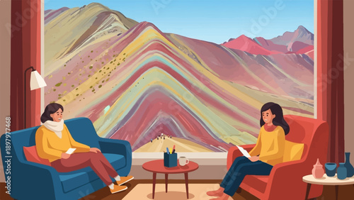 Two women relax indoors, viewing vibrant, striped mountains through a large window