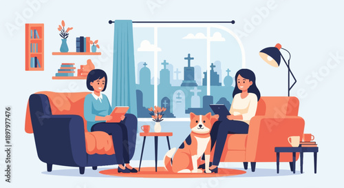 Two women and a dog relax indoors with a graveyard view
