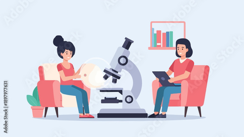Two women observe microscope and laptop on armchairs, bookshelf behind