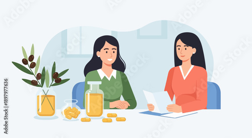 Two women discuss supplements and olive branches at a table