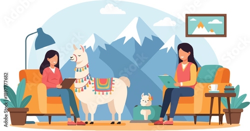 Two women relax indoors with llamas, a cozy scene with mountains