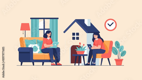 Two women work remotely from home on laptops near a stylized house