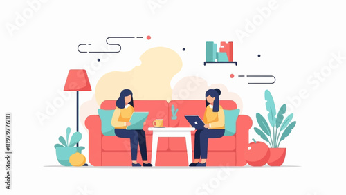 Two women on a couch with laptops and home decor