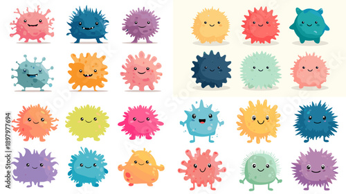 Cute colorful cartoon germ monsters with spiky shapes and funny faces. Friendly playful creatures perfect for kids science education stickers and creative illustration sets.