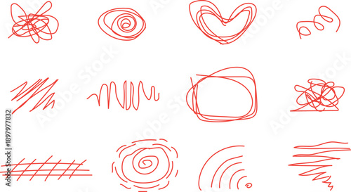 collection of hand-drawn red scribble and doodle elements. These vector illustrations are often used as graphic resources. 