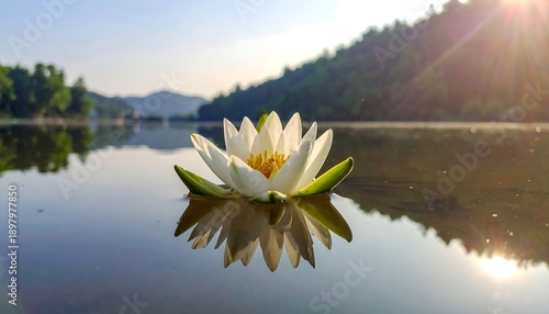 Serene White Water Lily Floating on Calm Lake at Sunrise.