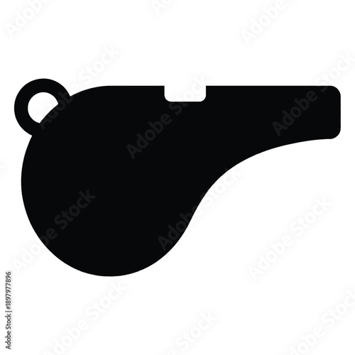 Simple black silhouette of a sports whistle with a loop for lanyard on white background, representing sports, referee, coach, game, and alert