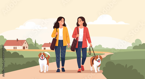 Two women walk their dogs on a scenic country path with houses