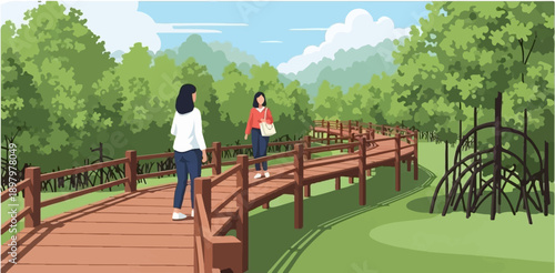 Two women walk on a wooden boardwalk through a lush forest