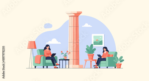 Two women relax on sofas, using laptops with a classical column and artwork